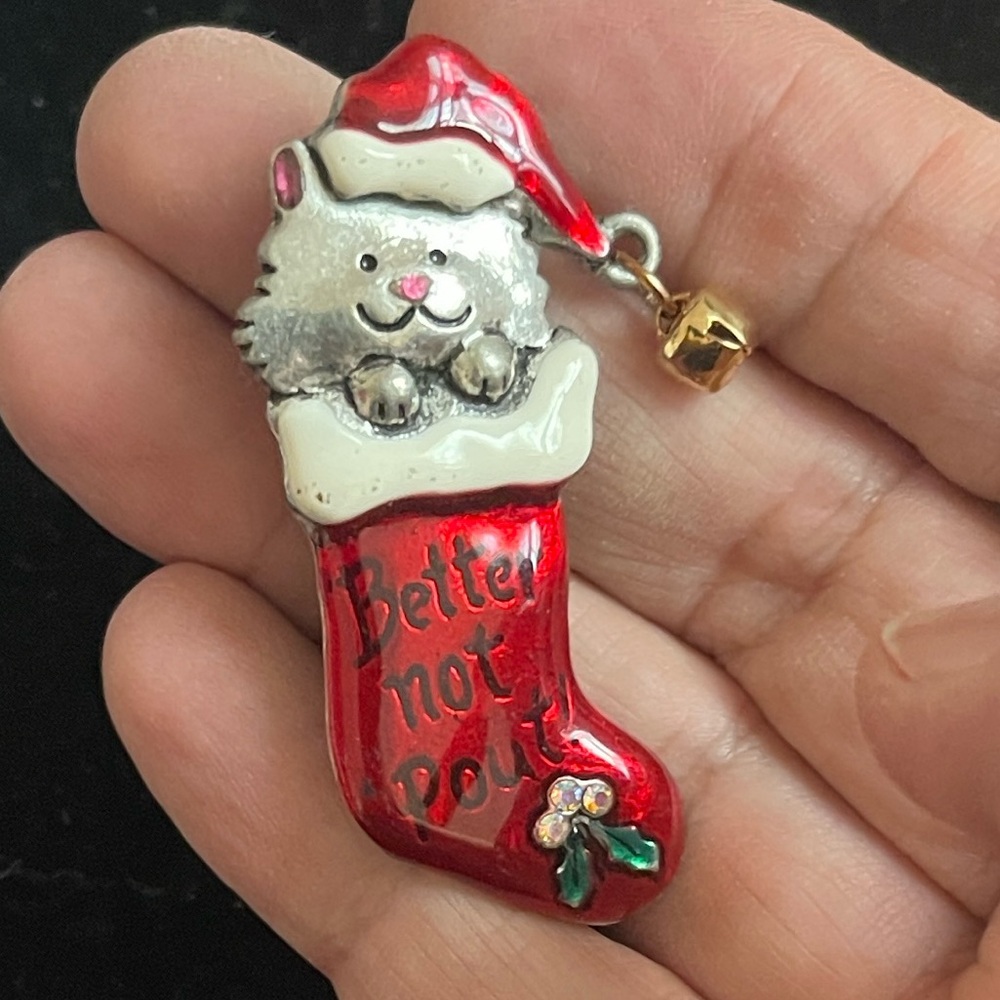 AJMC Signed Vintage Better Not Pout Cat Stocking & Dangle Bell Brooch. P